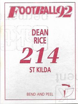 1992 Select AFL Stickers #214 Dean Rice Back
